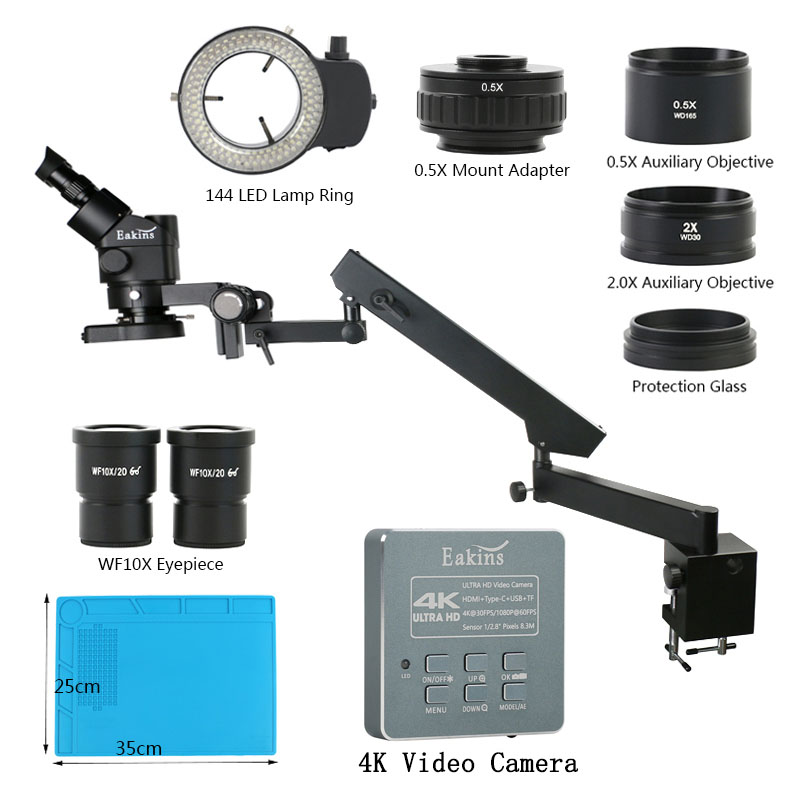 Simul-Focal Industrial Microscope 4K Hdmi - 3.5X 90XArticulerende Arm Pijlerklem Zoom Simul