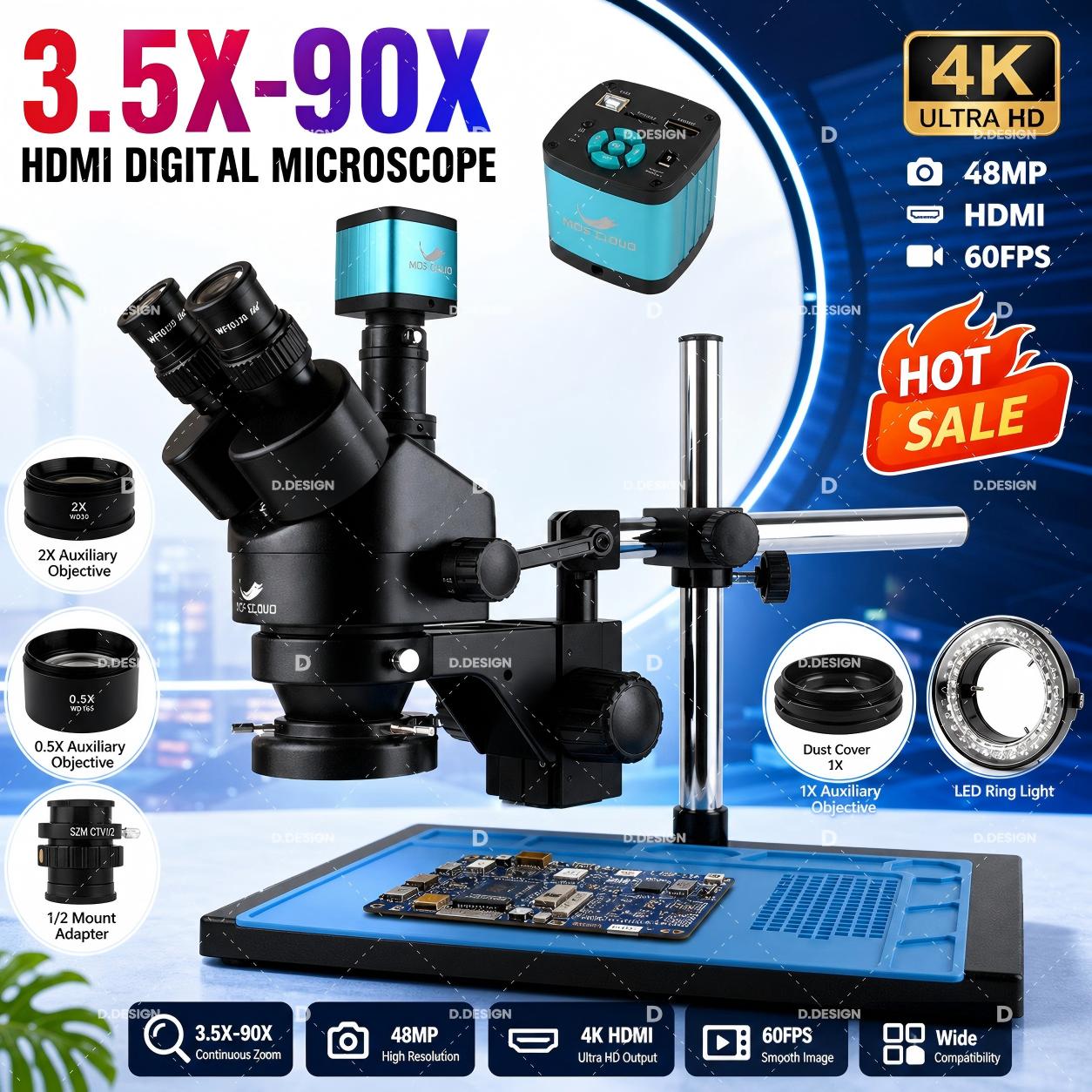 Simul-Focal Industrial Microscope 4K Hdmi - 3.5X-100X Industriële Lab Simul Focal Verstelbare